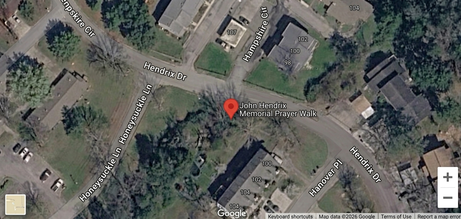 Map preview showing the Prayer Walk trailhead on Hendrix Drive in Oak Ridge, Tennessee